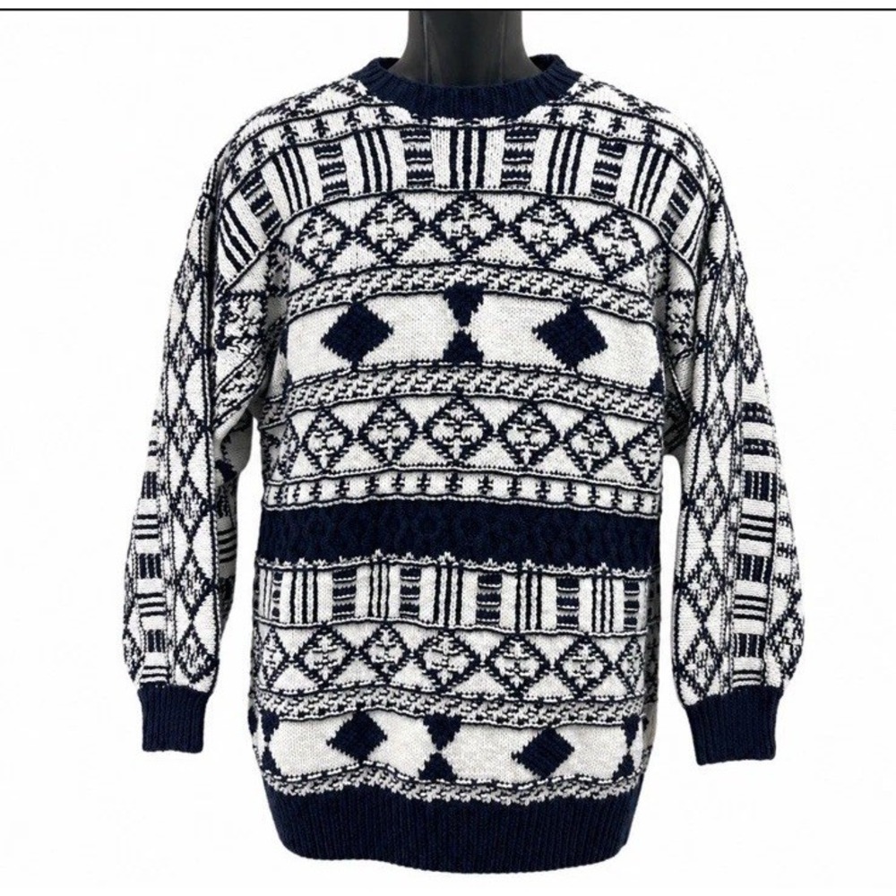 Vtg Perry Ellis America Hand Knit Sweater Men XL Navy White Chunky Cosby Grandpa